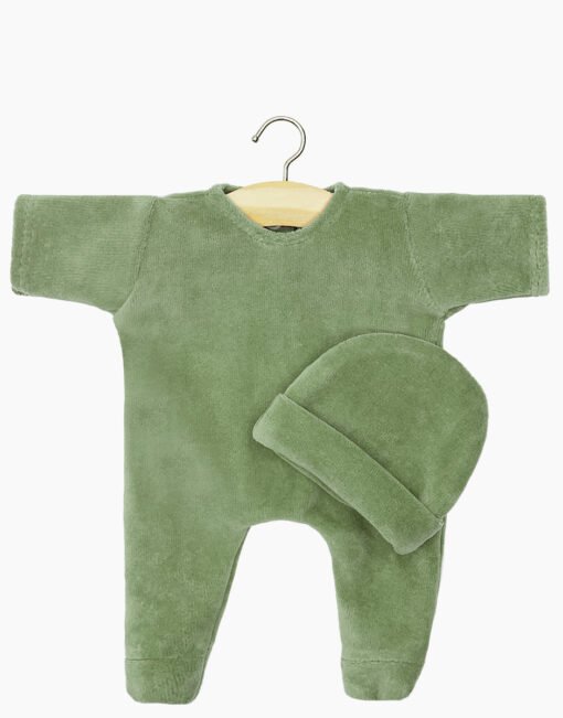 Babies – Ensemble Dors bien et bonnet en velours nikky vert de gris, Minikane